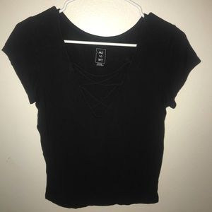 Black “Me To We” crisscross shirt